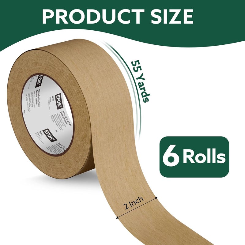 EFOK 6 Rolls Brown Packing Tape 2 Inch Bulk, 2025 Upgrade Kraft Paper Packaging Tape, 2 Inch x 55 Yards, Cardboard Shipping for Packing Boxes, Tear by Hand for Express Parcels & Office Use - Image 2